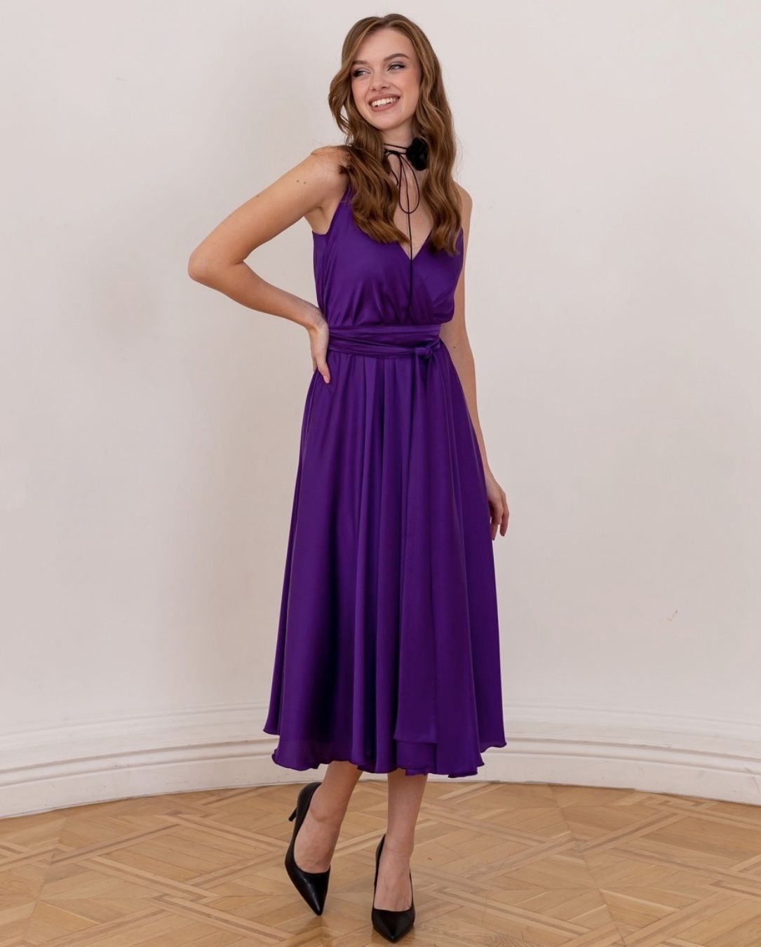 Royal Purple Satin Midi Dress Made to Measure Dress Lansy Lansy Custom Dresses