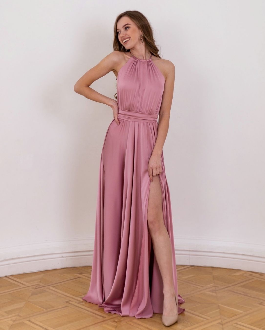 Rose Gold Tie Neck Long Dress