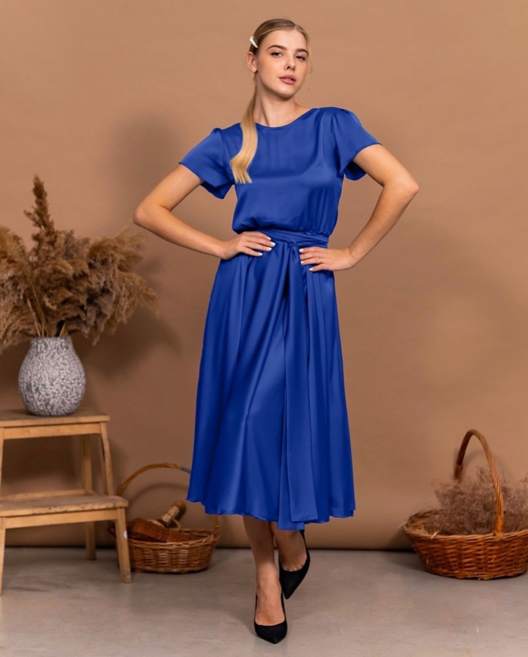 Electric Blue Satin Midi Dress