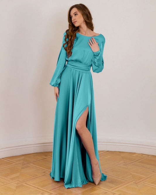 Turquoise Long Satin Dress V-Back