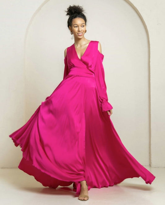 Floor Length Satin Magenta Dress