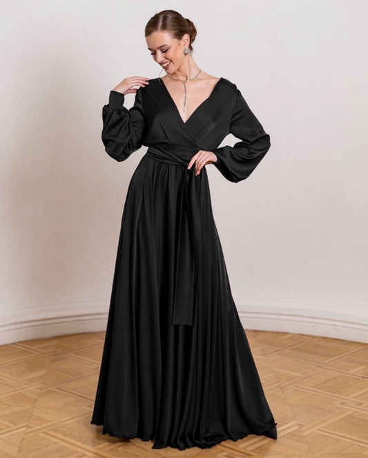 Black Floor Length Satin Dress
