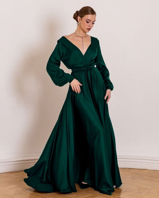 Elegant Emerald Satin Maxi Dress