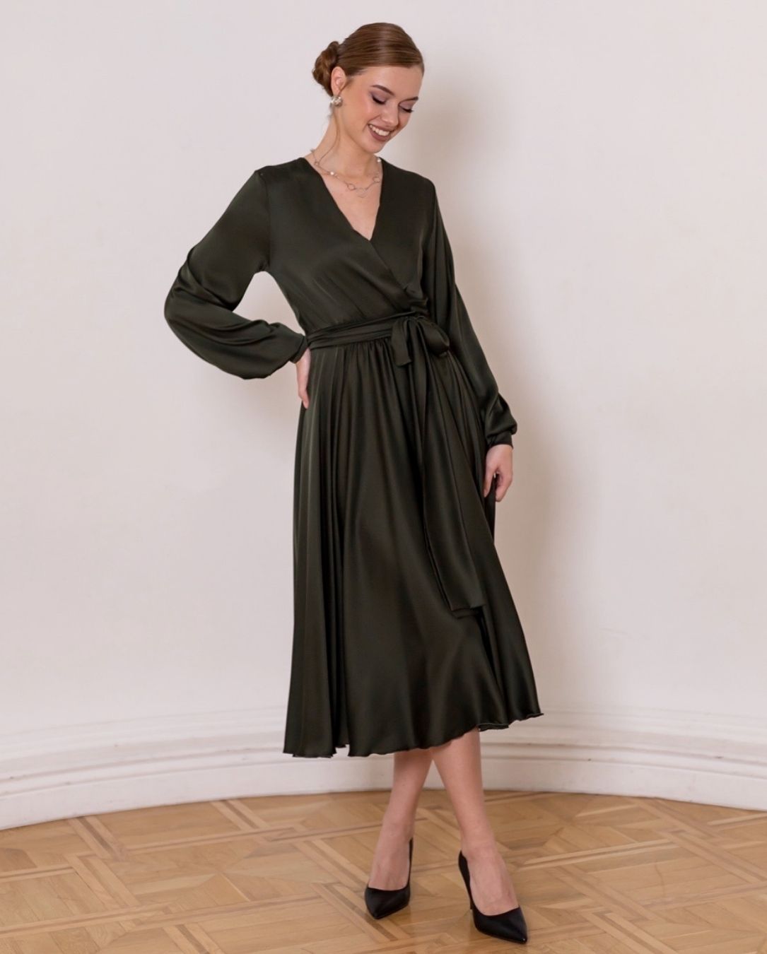 Satin Olive Green Midi Dress