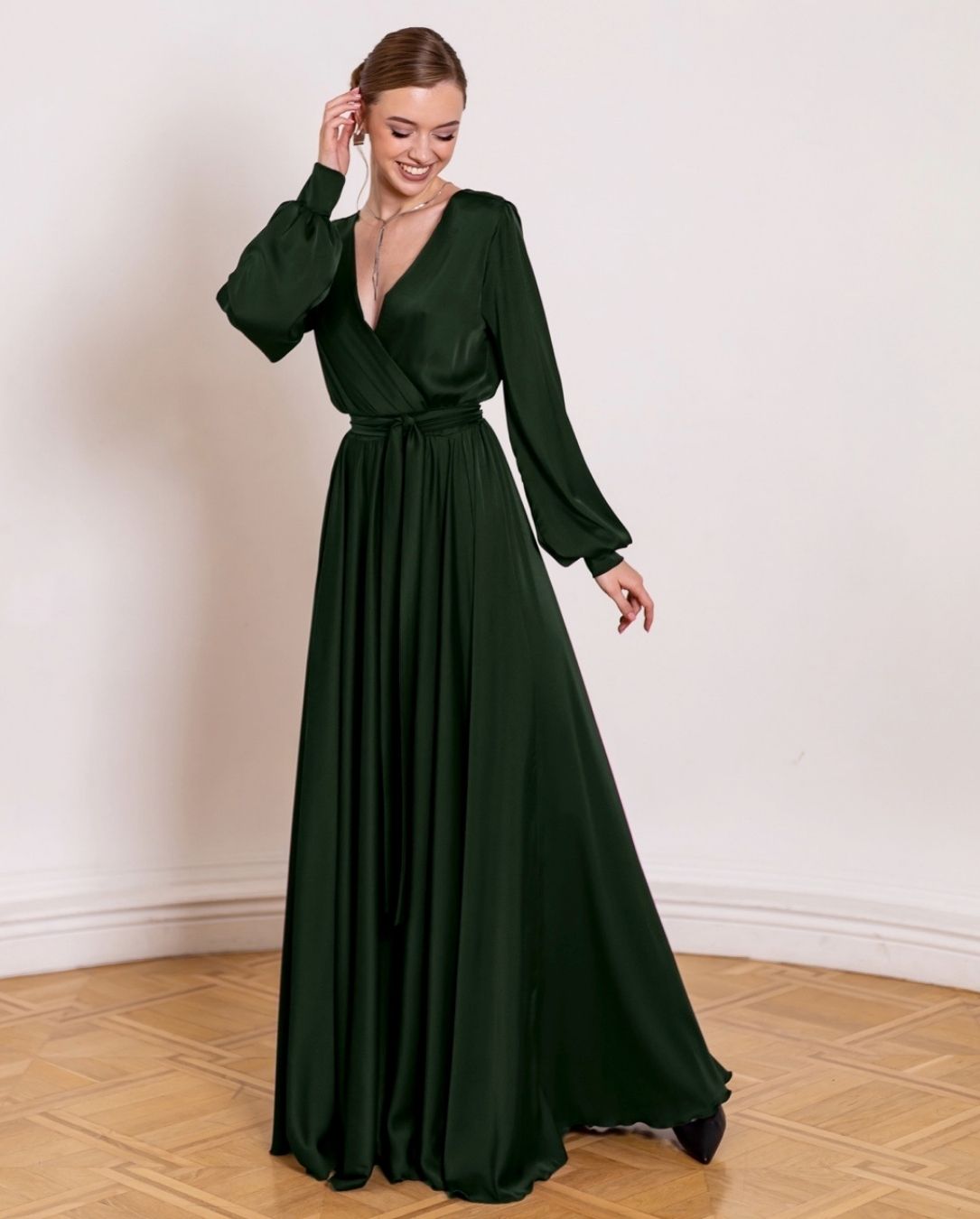 Satin Olive Maxi Open Back Dress