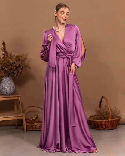 Mauve Satin Dress with Cut Sleeves