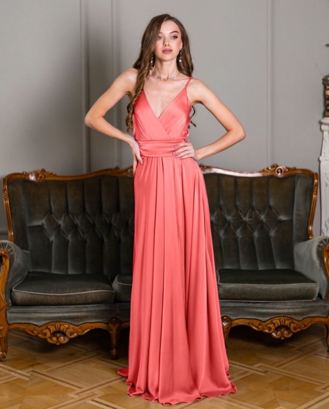 Elegant Sleeveless Coral Maxi Gown