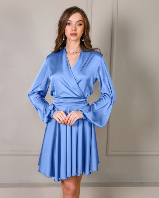Short Cocktail Blue Satin Dress
