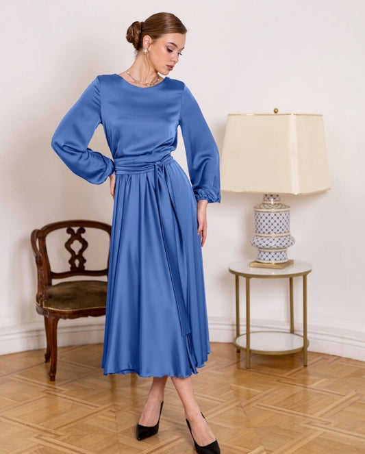 Formal Elegant Blue Midi Satin Gown