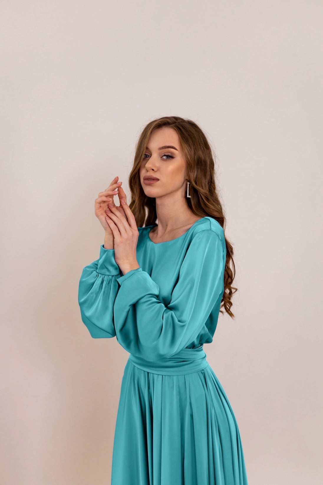 Turquoise Long Satin Dress V-Back - Lansy Custom Dresses