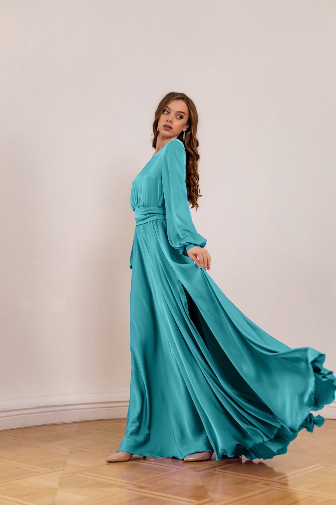 Turquoise Long Satin Dress V-Back - Lansy Custom Dresses