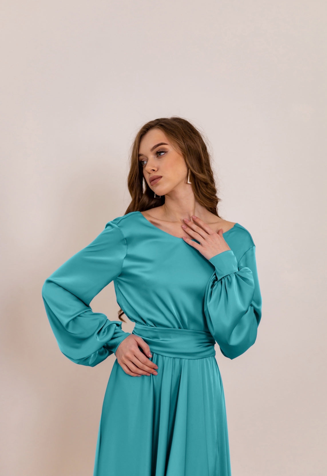 Turquoise Long Satin Dress V-Back - Lansy Custom Dresses