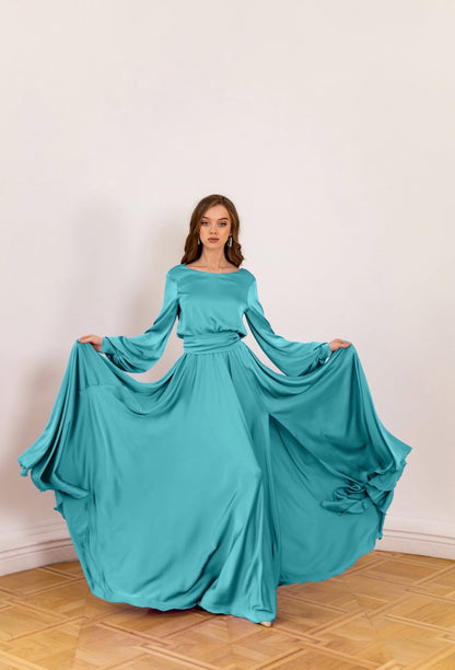 Turquoise Long Satin Dress V-Back - Lansy Custom Dresses