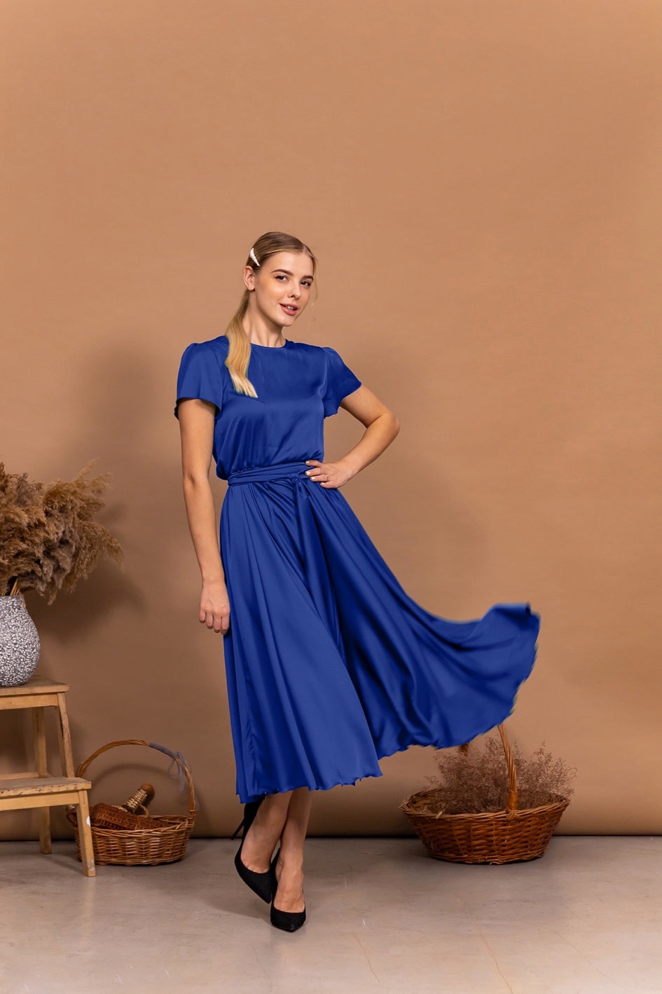 Electric Blue Satin Midi Dress - Lansy Custom Dresses