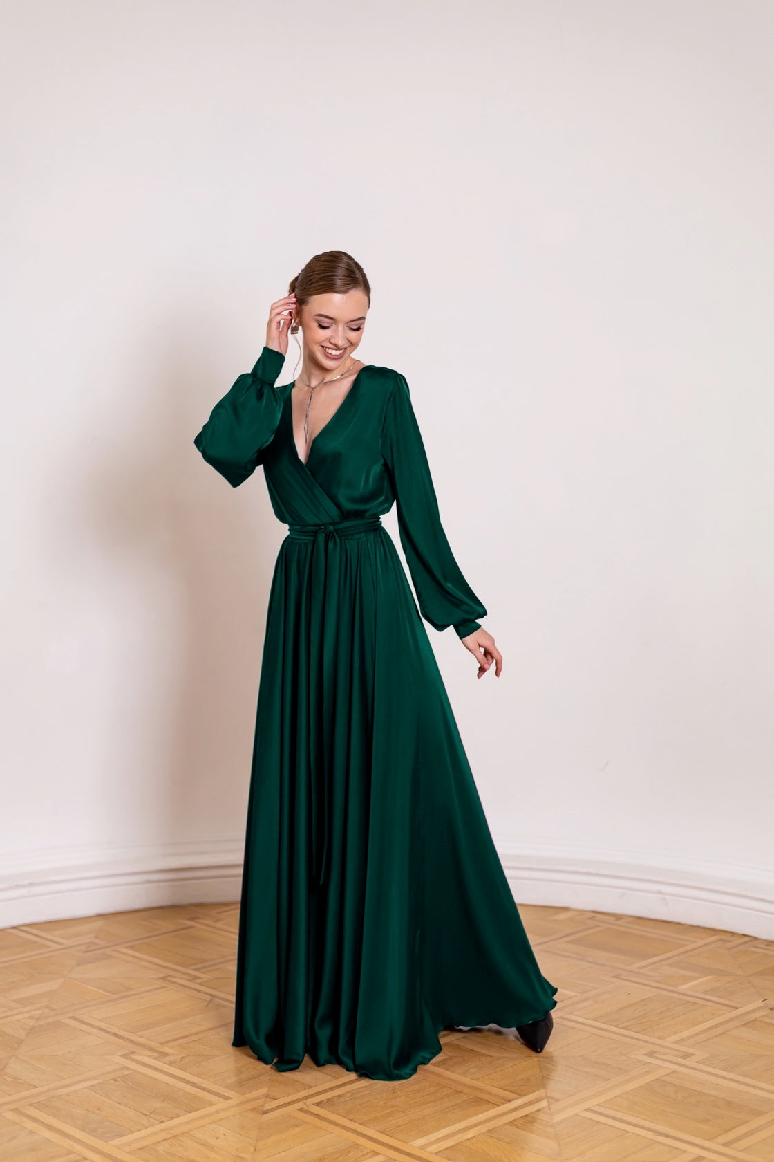 Elegant Emerald Satin Maxi Dress - Lansy Custom Dresses