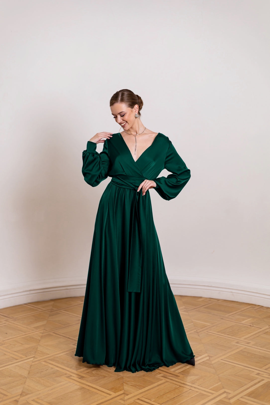 Elegant Emerald Satin Maxi Dress - Lansy Custom Dresses