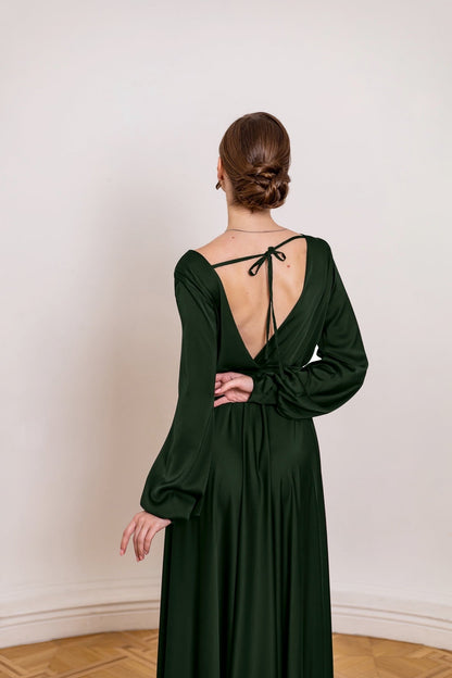 Satin Olive Maxi Open Back Dress - Lansy Custom Dresses