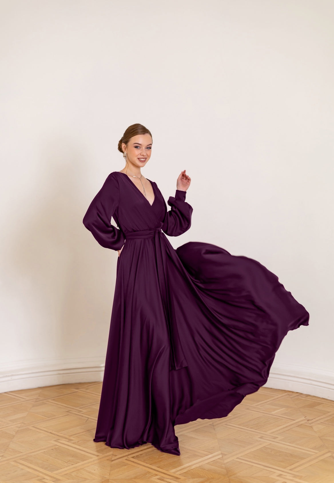 Satin Long Flared Dress with Slit - Lansy Custom Dresses