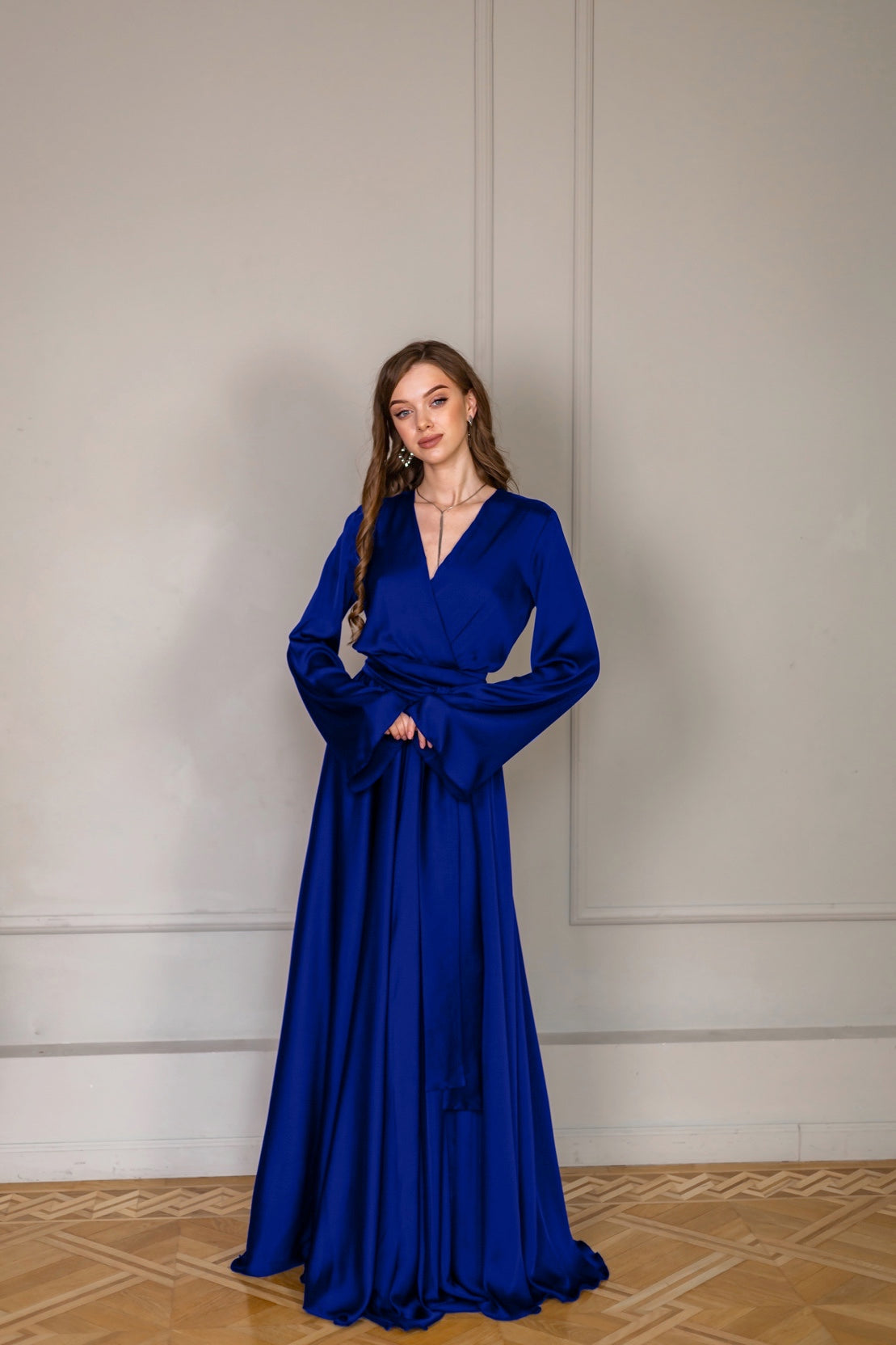 Satin Long Dress with Wide Sleeves - Lansy Custom Dresses