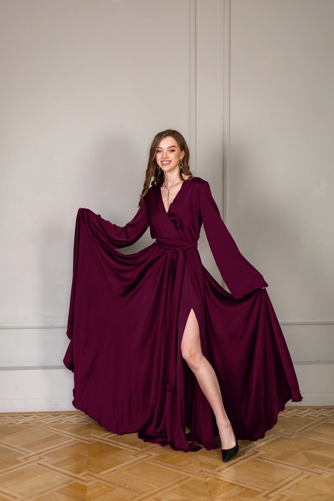 Satin Long Dress with Wide Sleeves - Lansy Custom Dresses