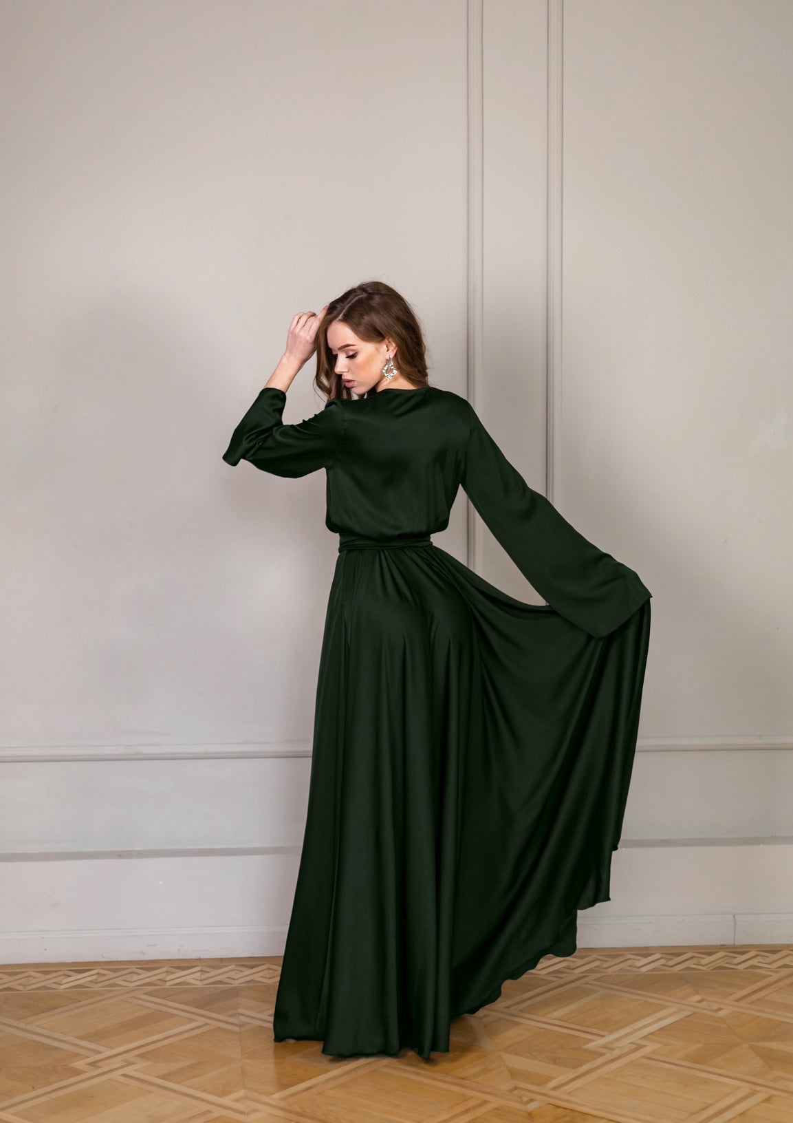 Satin Long Dress with Wide Sleeves - Lansy Custom Dresses