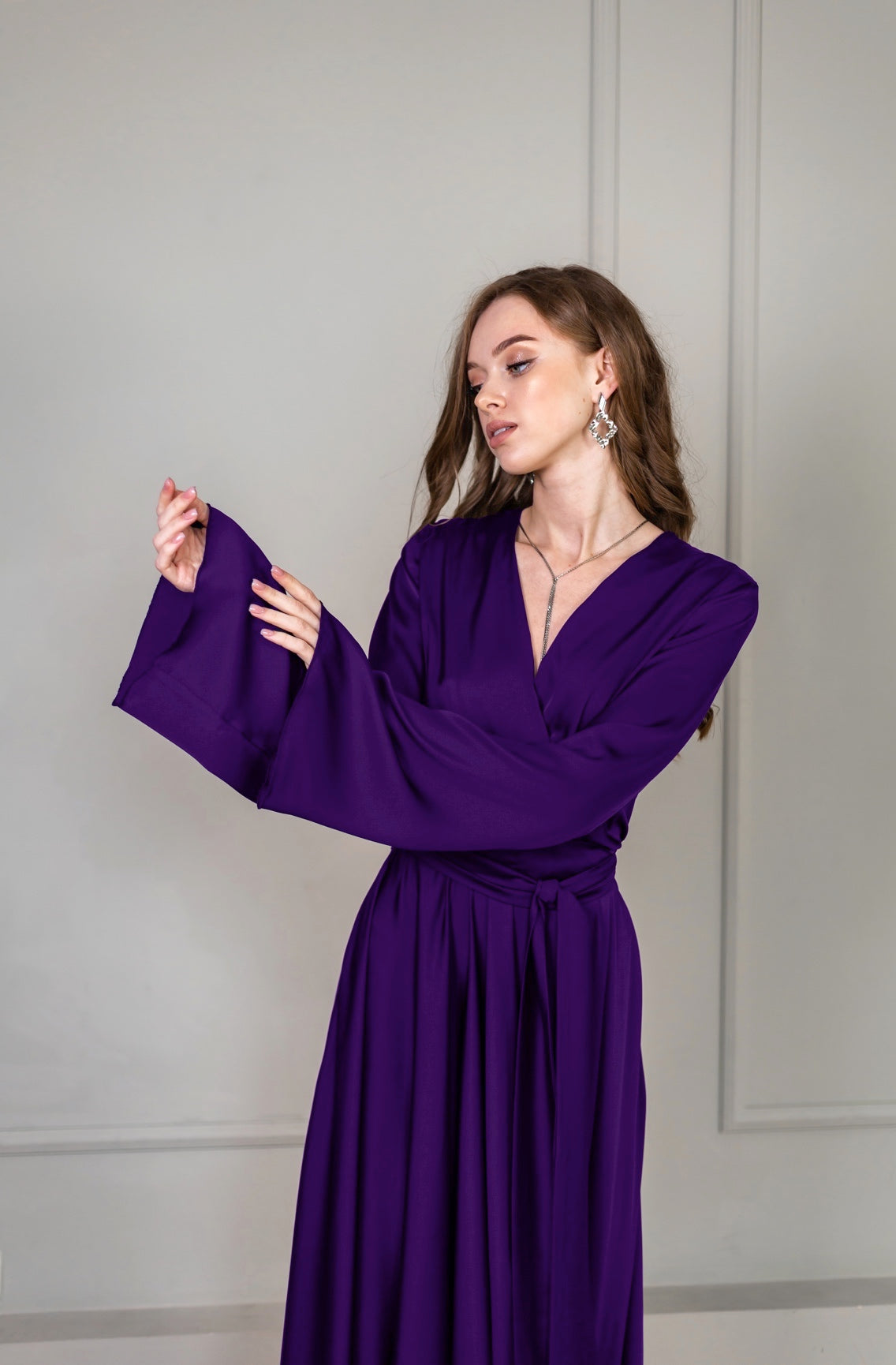 Satin Long Dress with Wide Sleeves - Lansy Custom Dresses