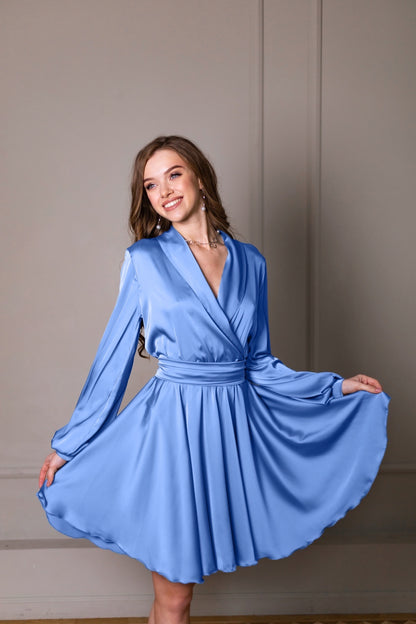 Short Cocktail Blue Satin Dress