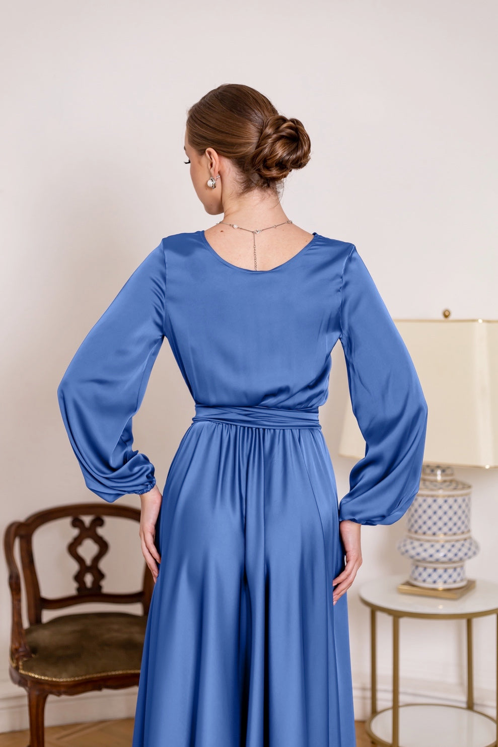 Formal Elegant Blue Midi Satin Gown - Lansy Custom Dresses