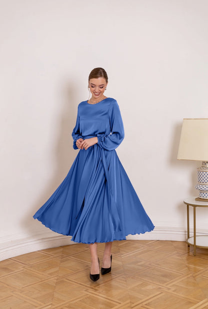 Formal Elegant Blue Midi Satin Gown - Lansy Custom Dresses