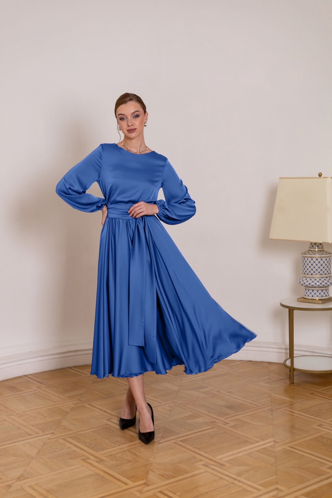 Formal Elegant Blue Midi Satin Gown - Lansy Custom Dresses