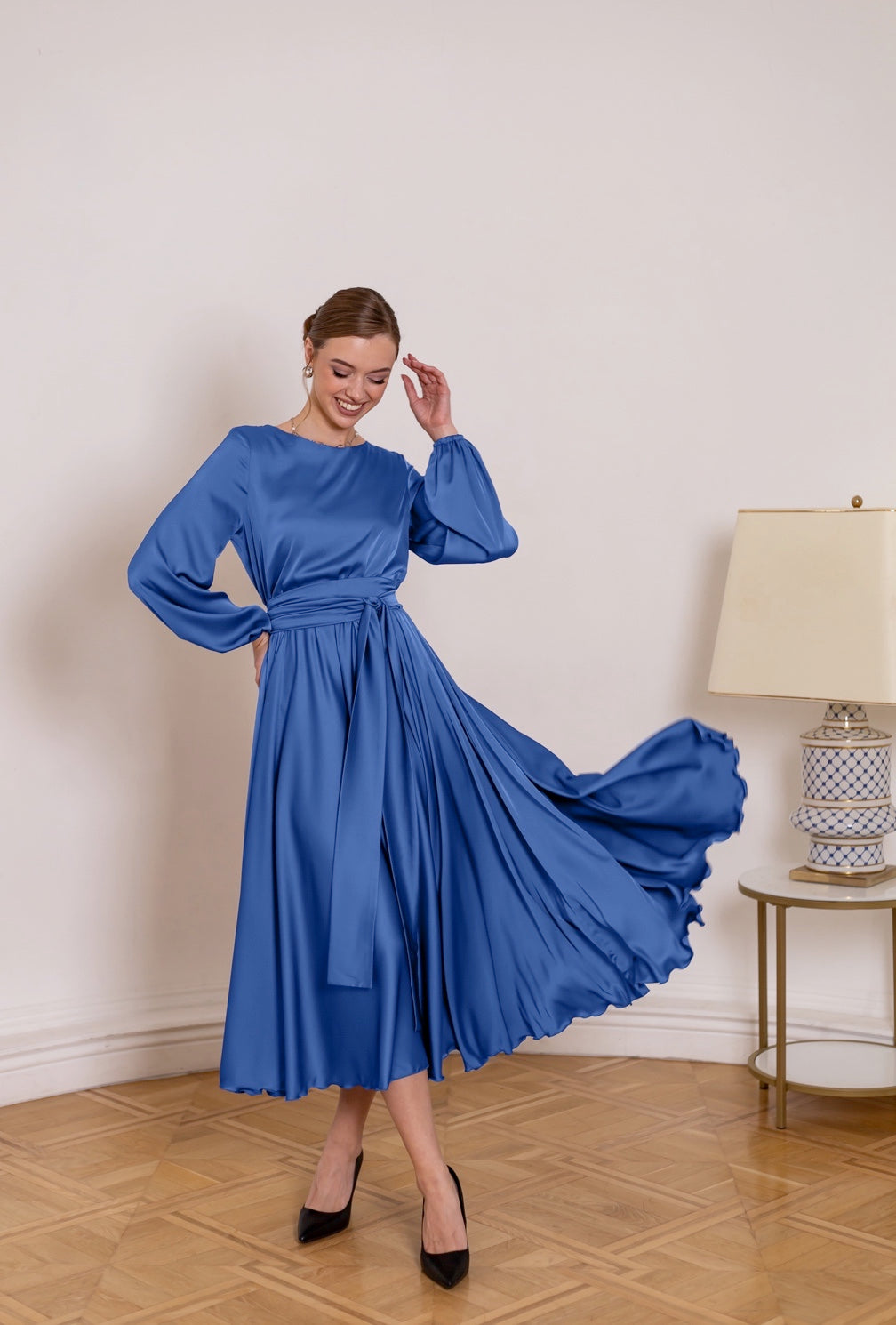 Formal Elegant Blue Midi Satin Gown - Lansy Custom Dresses