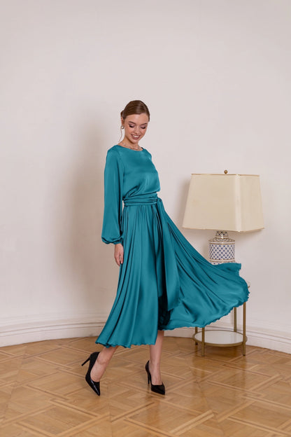 Formal Elegant Blue Midi Satin Gown - Lansy Custom Dresses