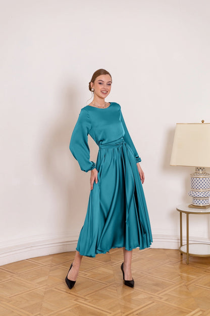 Turquoise Maxi Dress with Boat Neck - Lansy Custom Dresses