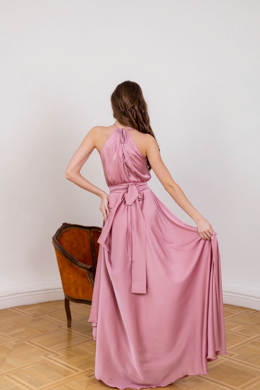 Rose Gold Tie Neck Long Dress - Lansy Custom Dresses