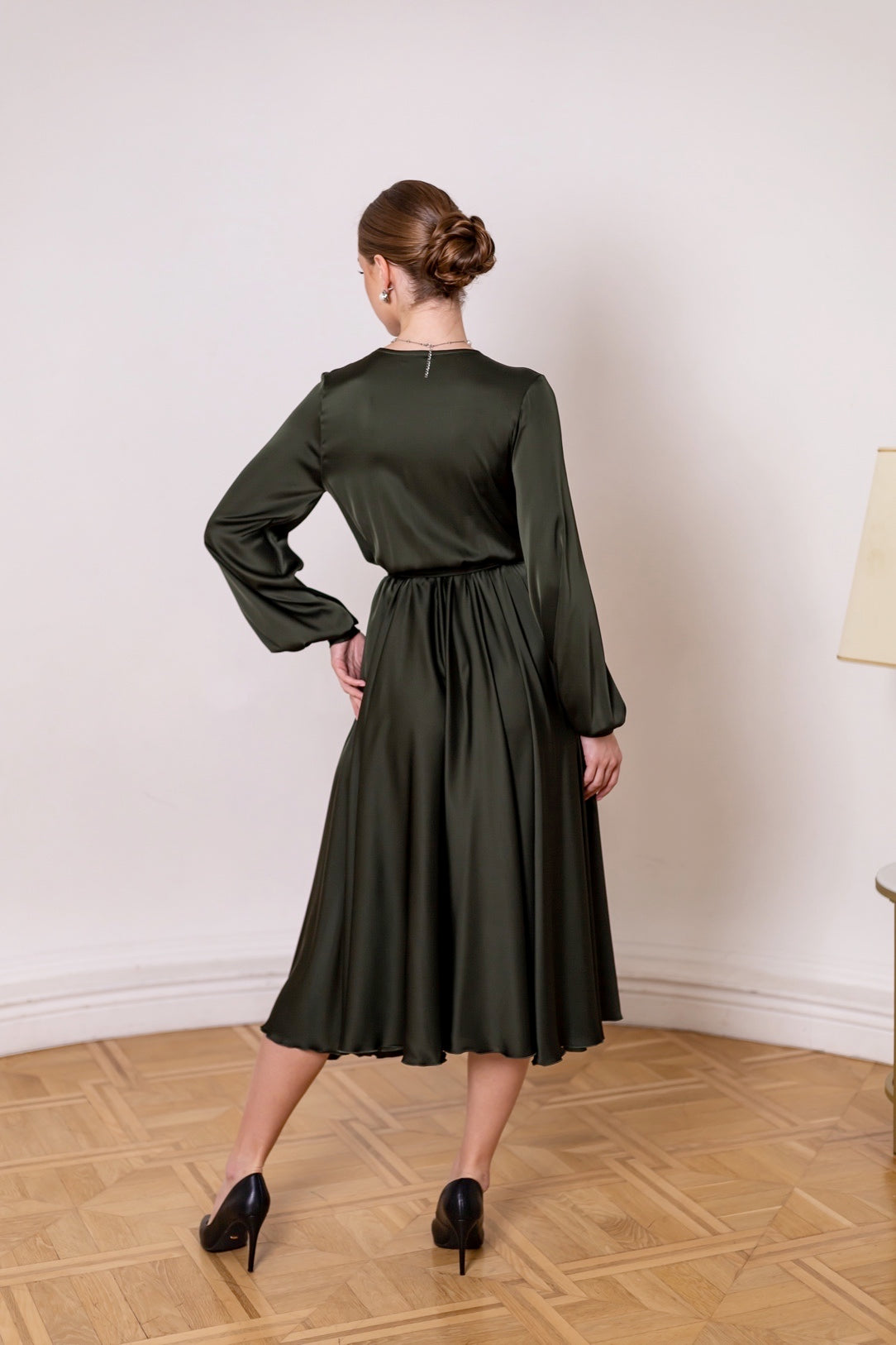 Satin Olive Green Midi Dress - Lansy Custom Dresses