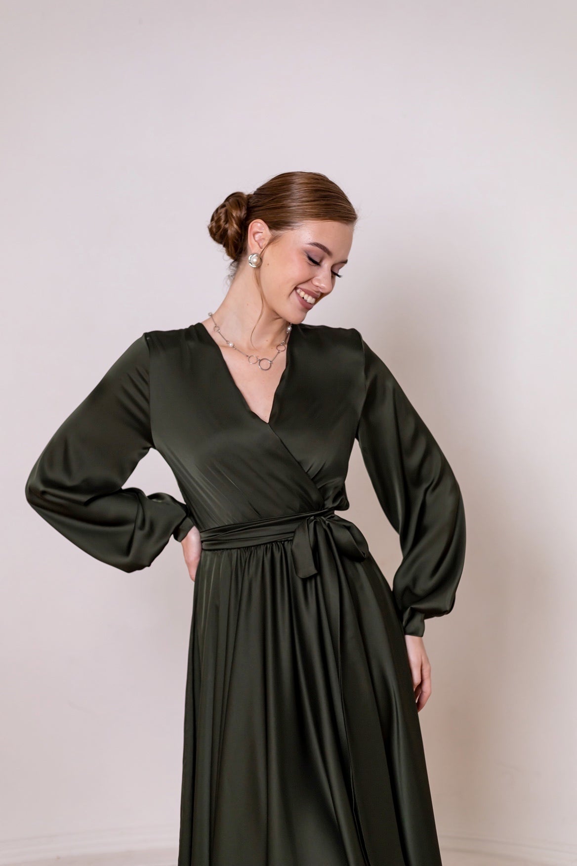 Satin Olive Green Midi Dress - Lansy Custom Dresses