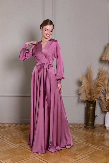 Satin Long Flared Dress with Slit - Lansy Custom Dresses