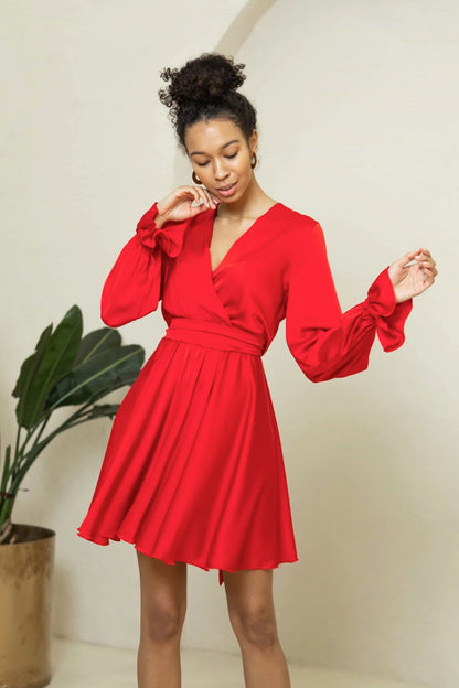 Red Satin Ruffle Sleeves Mini Dress - Lansy Custom Dresses