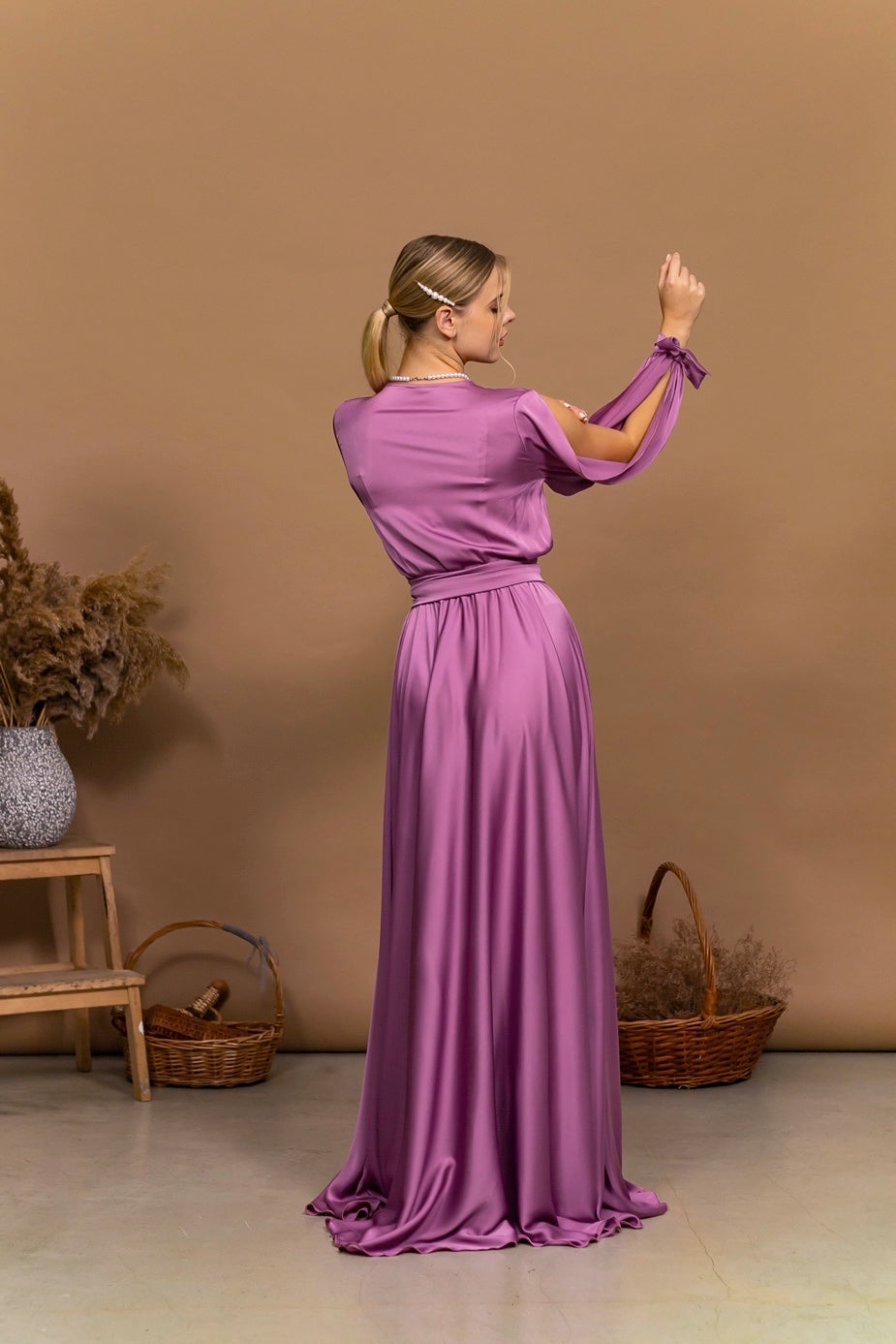 Mauve Satin Dress with Cut Sleeves - Lansy Custom Dresses