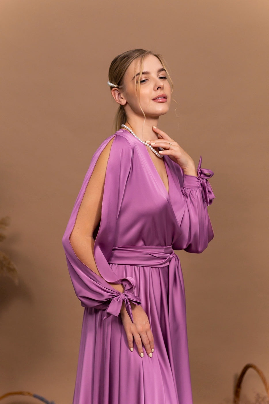 Mauve Satin Dress with Cut Sleeves - Lansy Custom Dresses