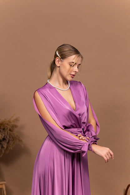 Mauve Satin Dress with Cut Sleeves - Lansy Custom Dresses