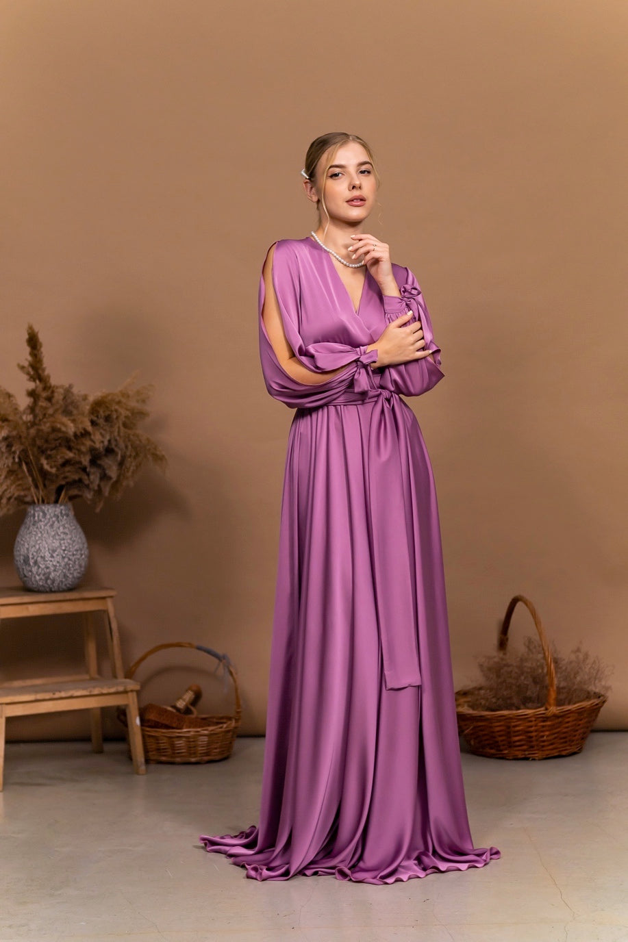 Mauve Satin Dress with Cut Sleeves - Lansy Custom Dresses