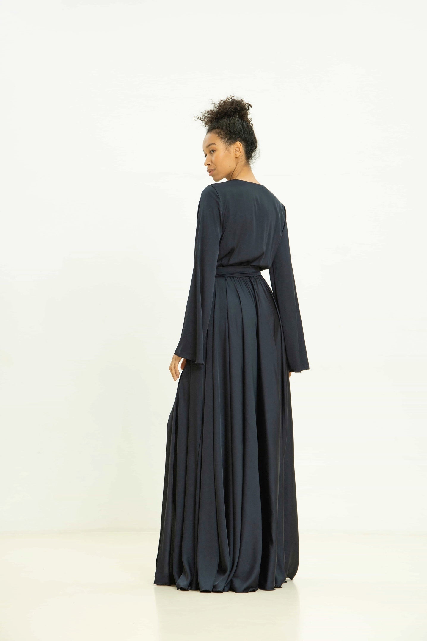 Satin Long Dress with Wide Sleeves - Lansy Custom Dresses