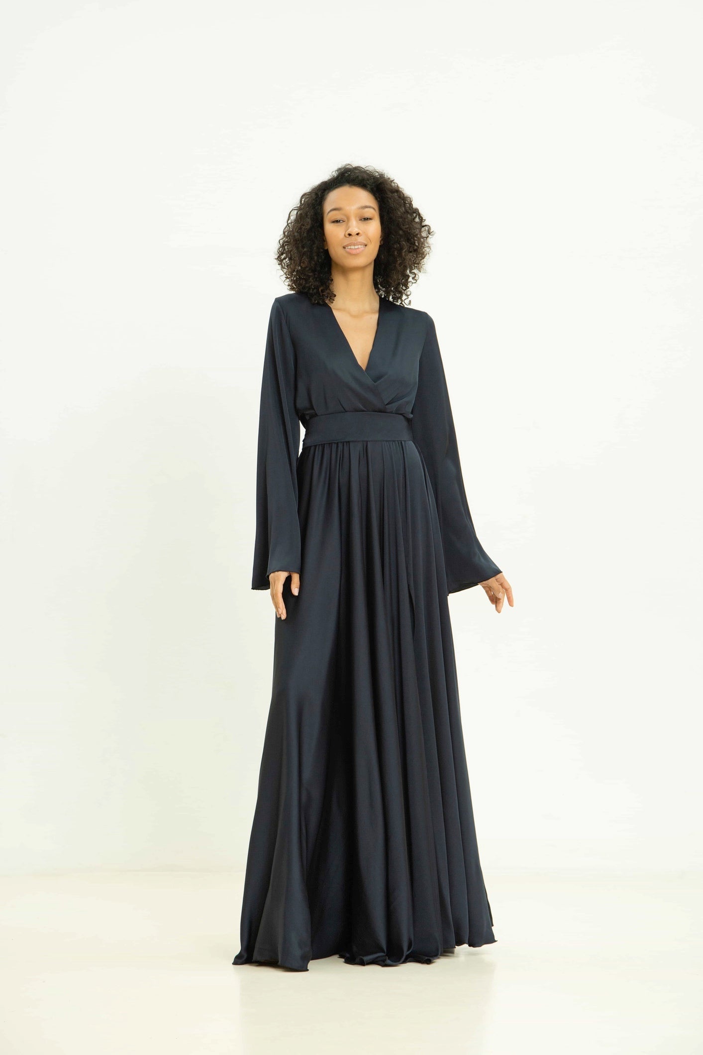 Satin Long Dress with Wide Sleeves - Lansy Custom Dresses