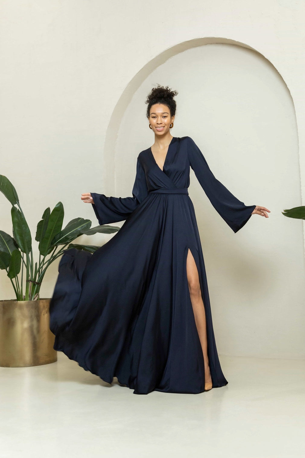 Satin Long Dress with Wide Sleeves - Lansy Custom Dresses