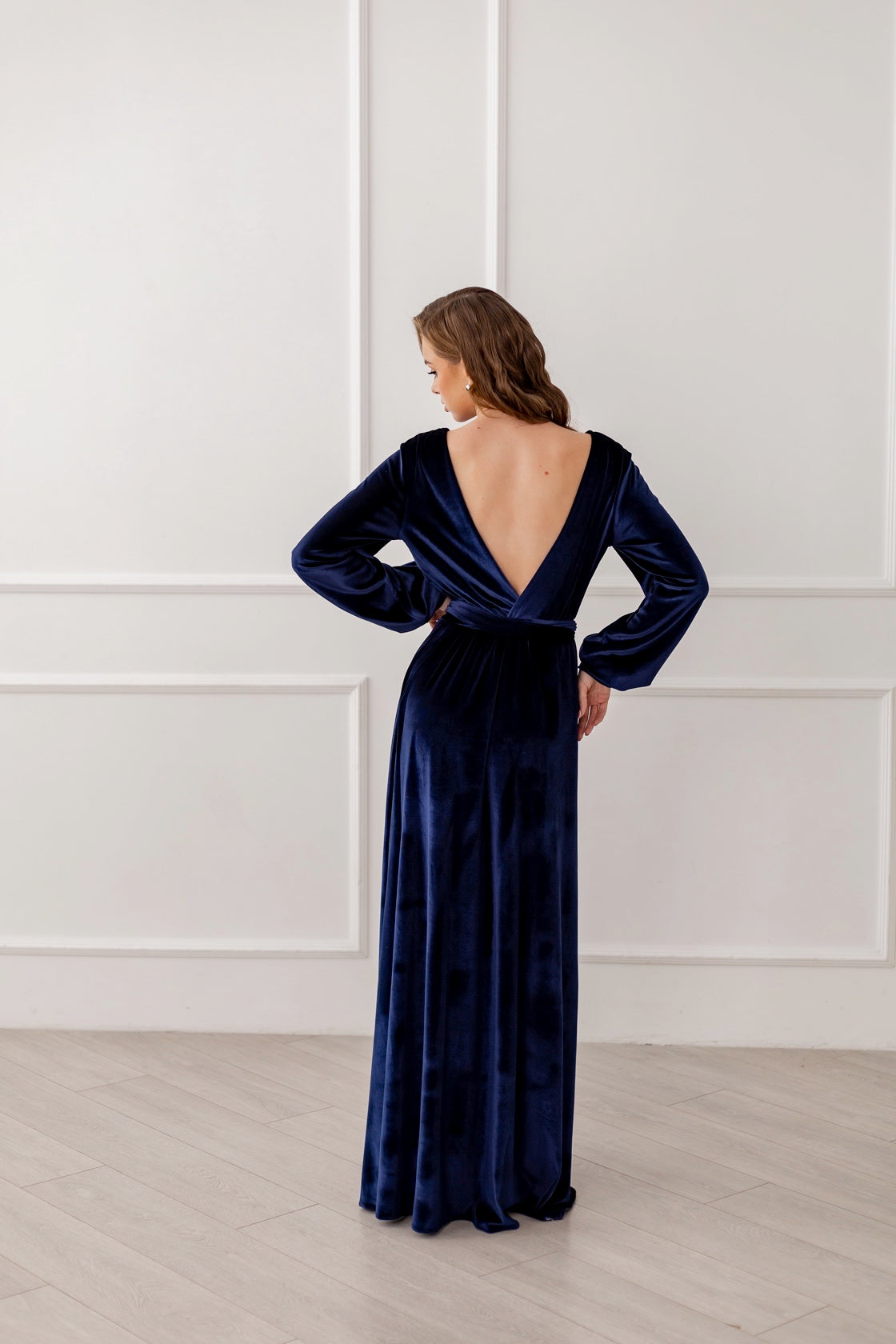 Velvet Navy Open Back Long Dress