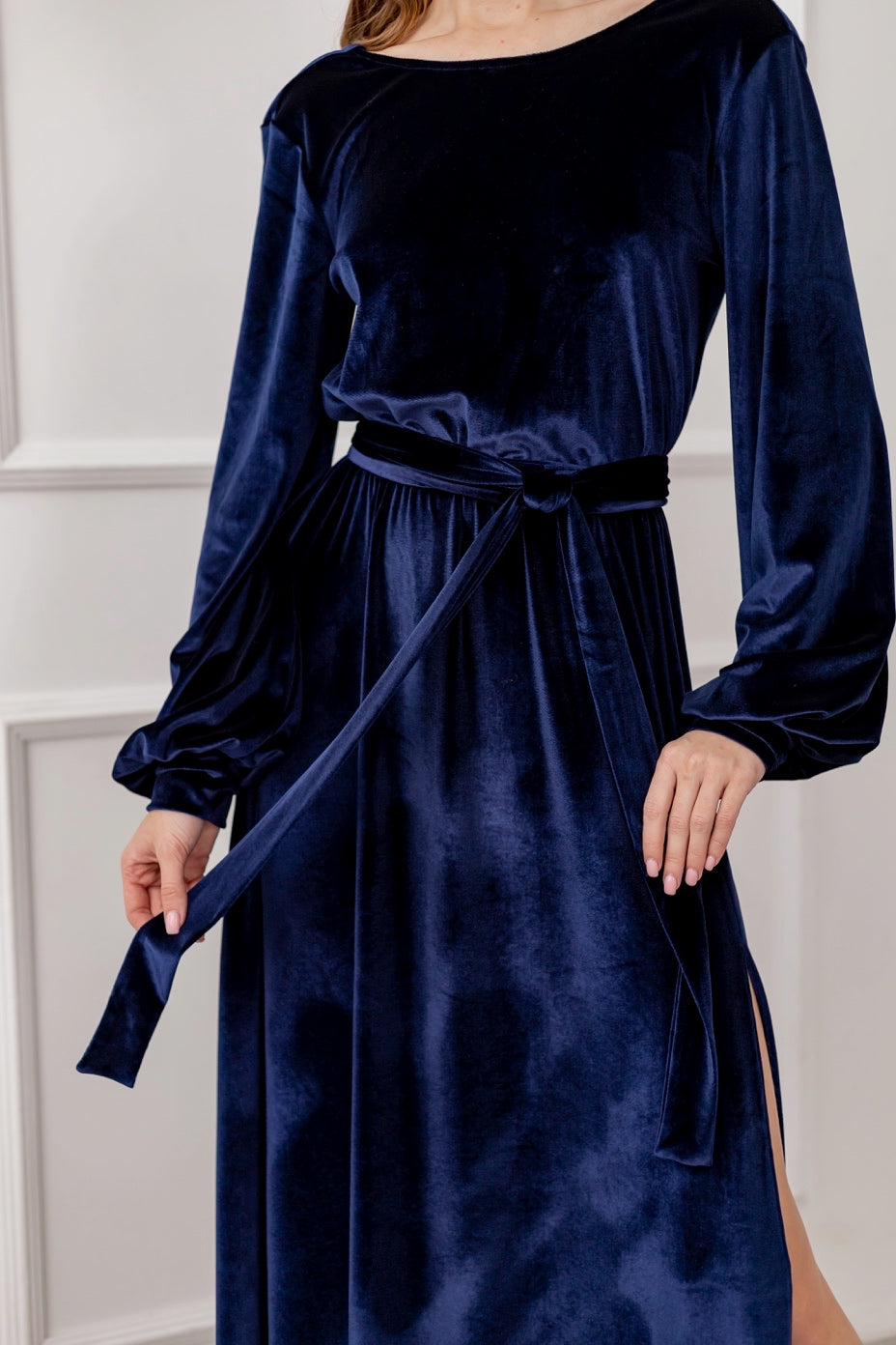 Velvet Navy Open Back Long Dress