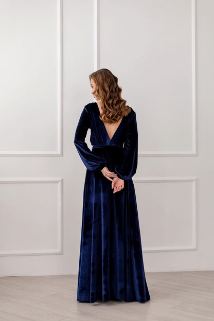 Velvet Navy Open Back Long Dress