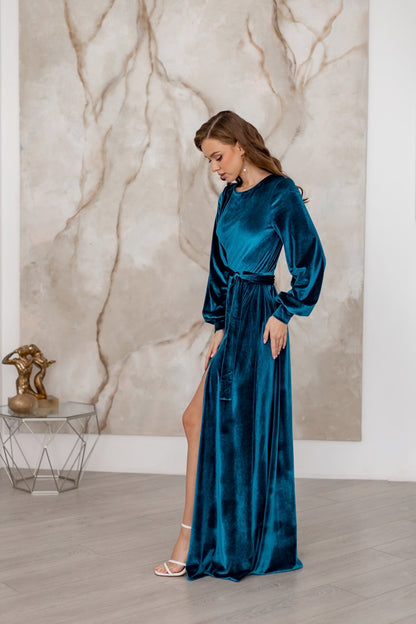 Long Evening Teal Velvet Dress