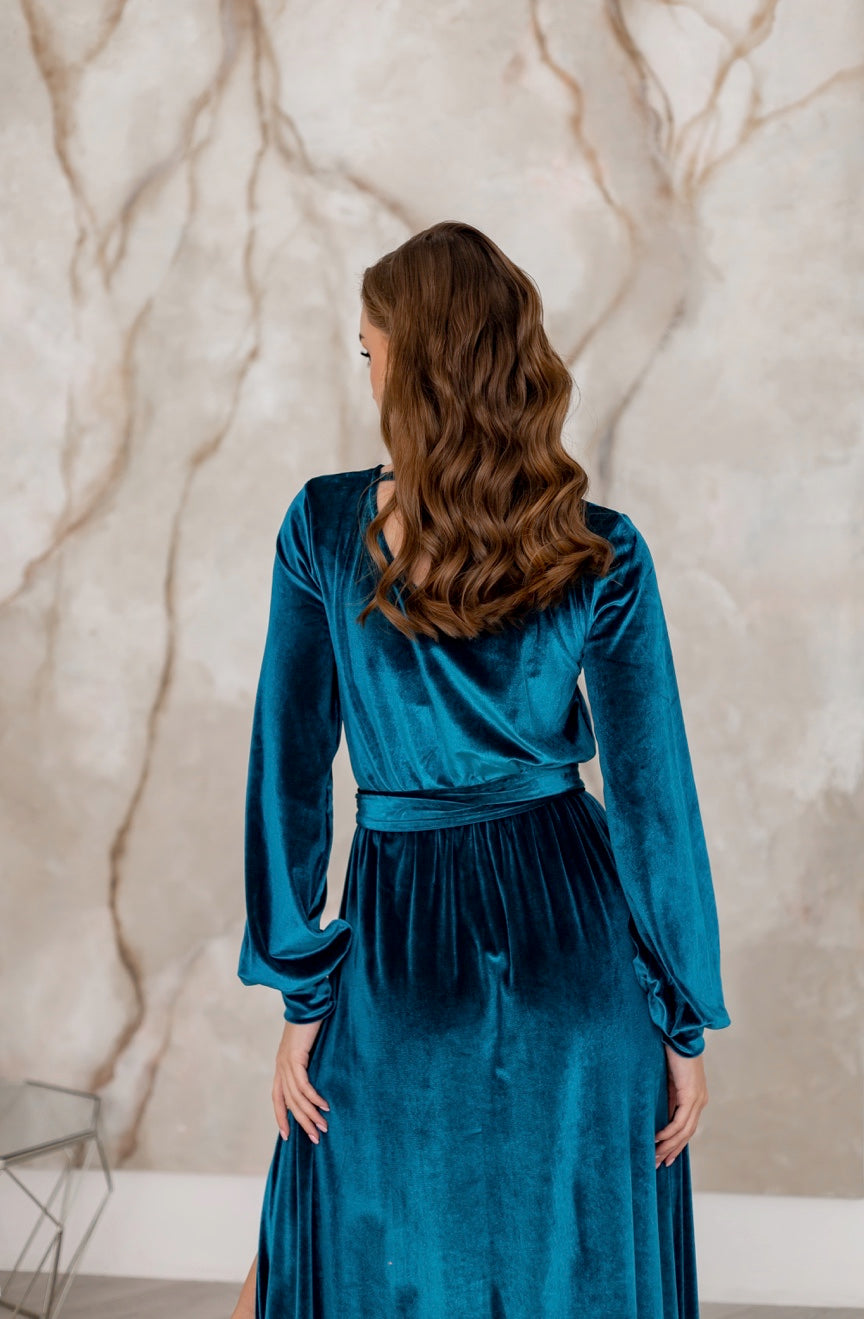 Long Evening Teal Velvet Dress